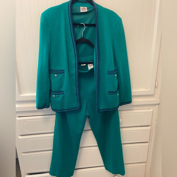 Bleyle Women’s Teal Green with Blue trim Blazer &Pants Vintage Wool Sz 14 Petite - Picture 4 of 16